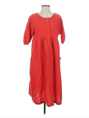 Mille Resort And Travel Red Button-Front Cotton Midi Dress In Small